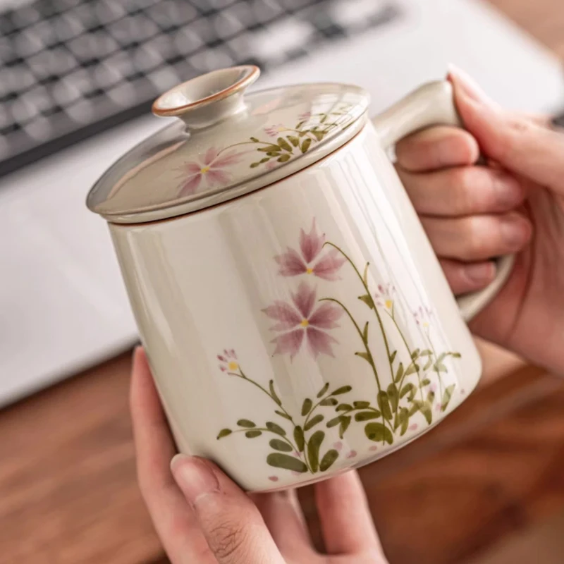 كوب تصفية وفصل الشاي بنمط الأزهار على الطراز الصيني، مع غطاء كوب بورسلين أبيض، كوب مكتب سيراميك لأدوات الشرب، قطعة واحدة #5