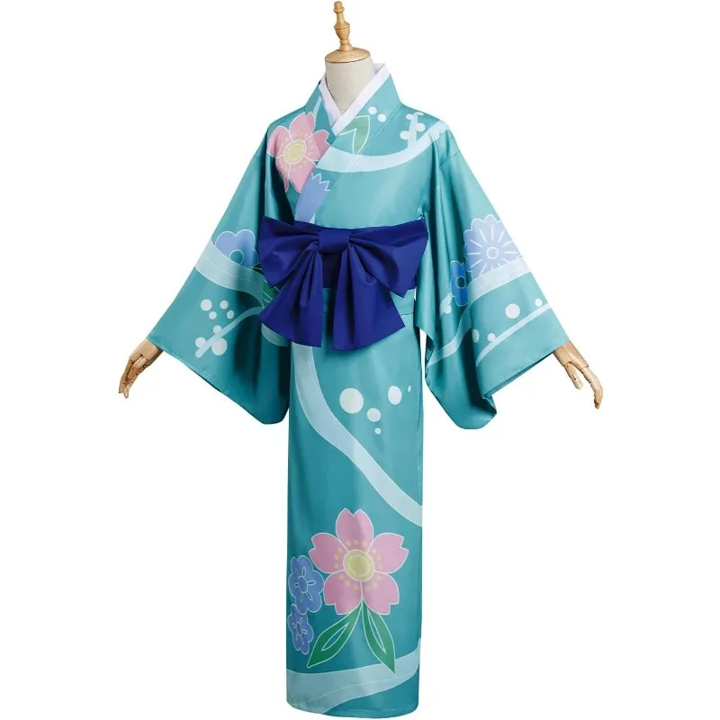 Anime Hashibira Inosuke Cosplay Patterned Blue Kimono Belt Outfit Adult Costume Japanese Uniform Halloween for Women view 2