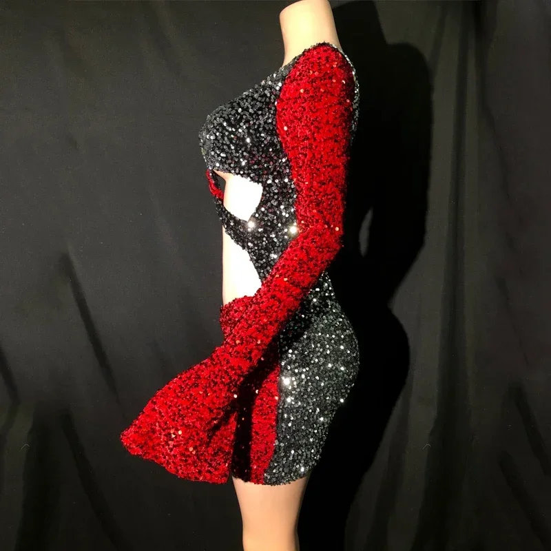 Novo vermelho preto lantejoulas vestido sexy recorte noite gogo traje desempenho de palco wear feminino festival outfit