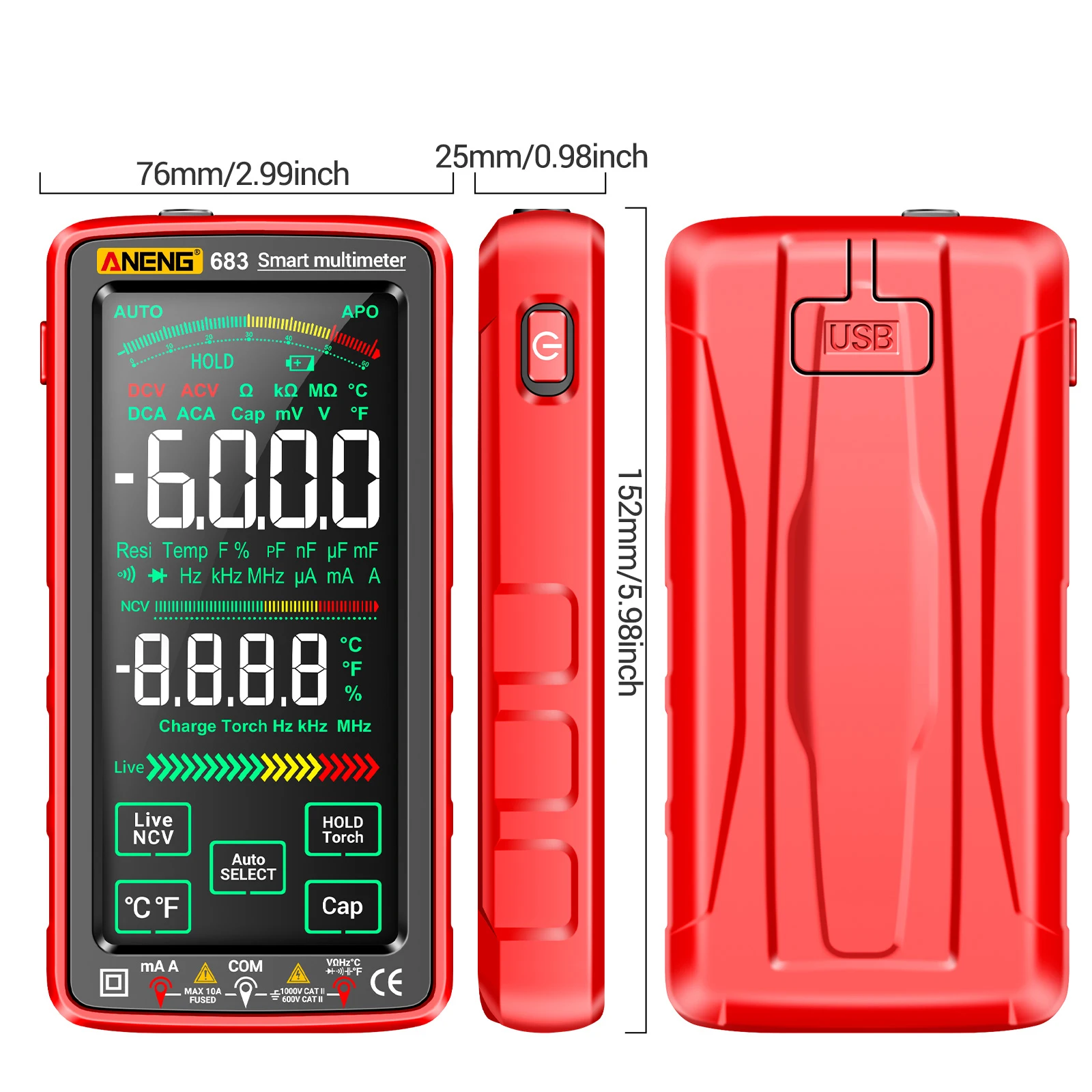 ANENG 683 6000 Counts Touch Screen Digital Multimeter Smart Anti-burn Rechargeable Universal Meter VA Reverse Display NCV Tester