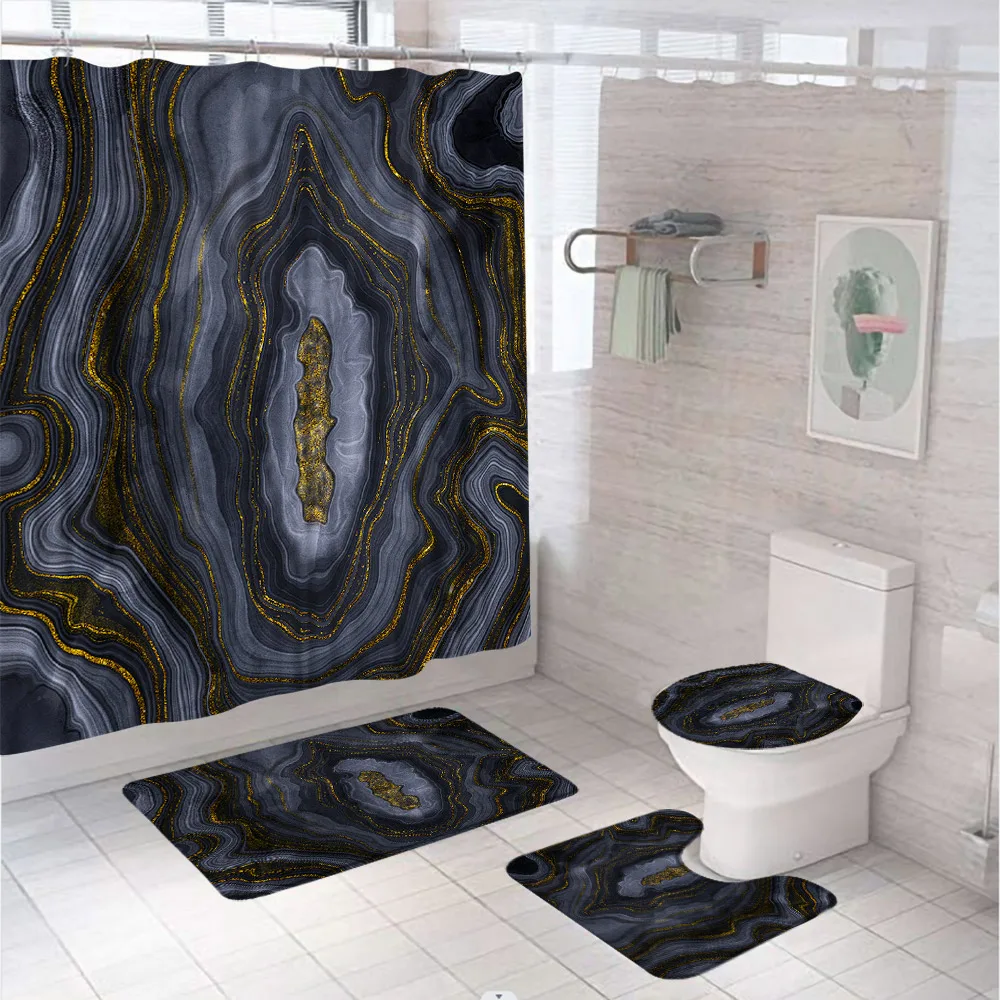 

Black Gold Marble Bathroom Shower Curtain Sets Luxury Abstract Decor Textured Art Screen Non-Slip Bath Mats Rug Lid Toilet Cover