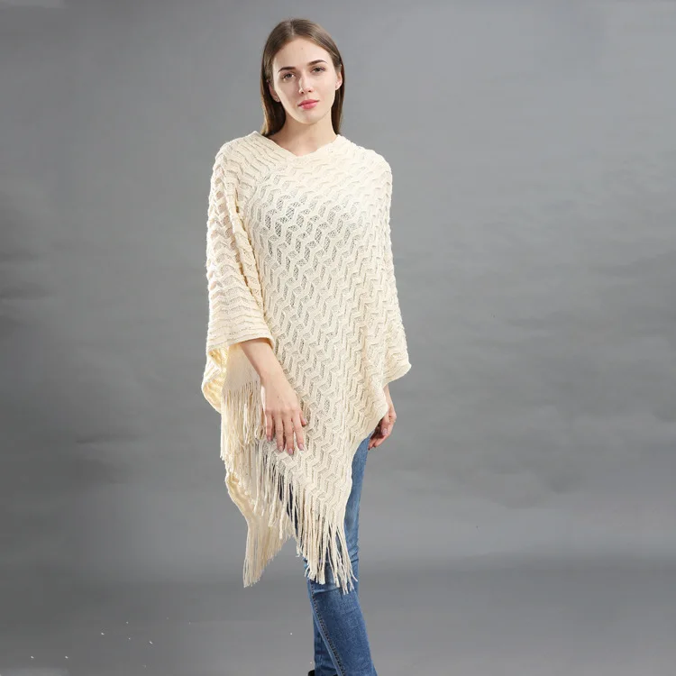 

Spring Autumn Women Loose Versatile Solid Knitwear Pullover Fashion Street Poncho Lady Capes White Cloaks