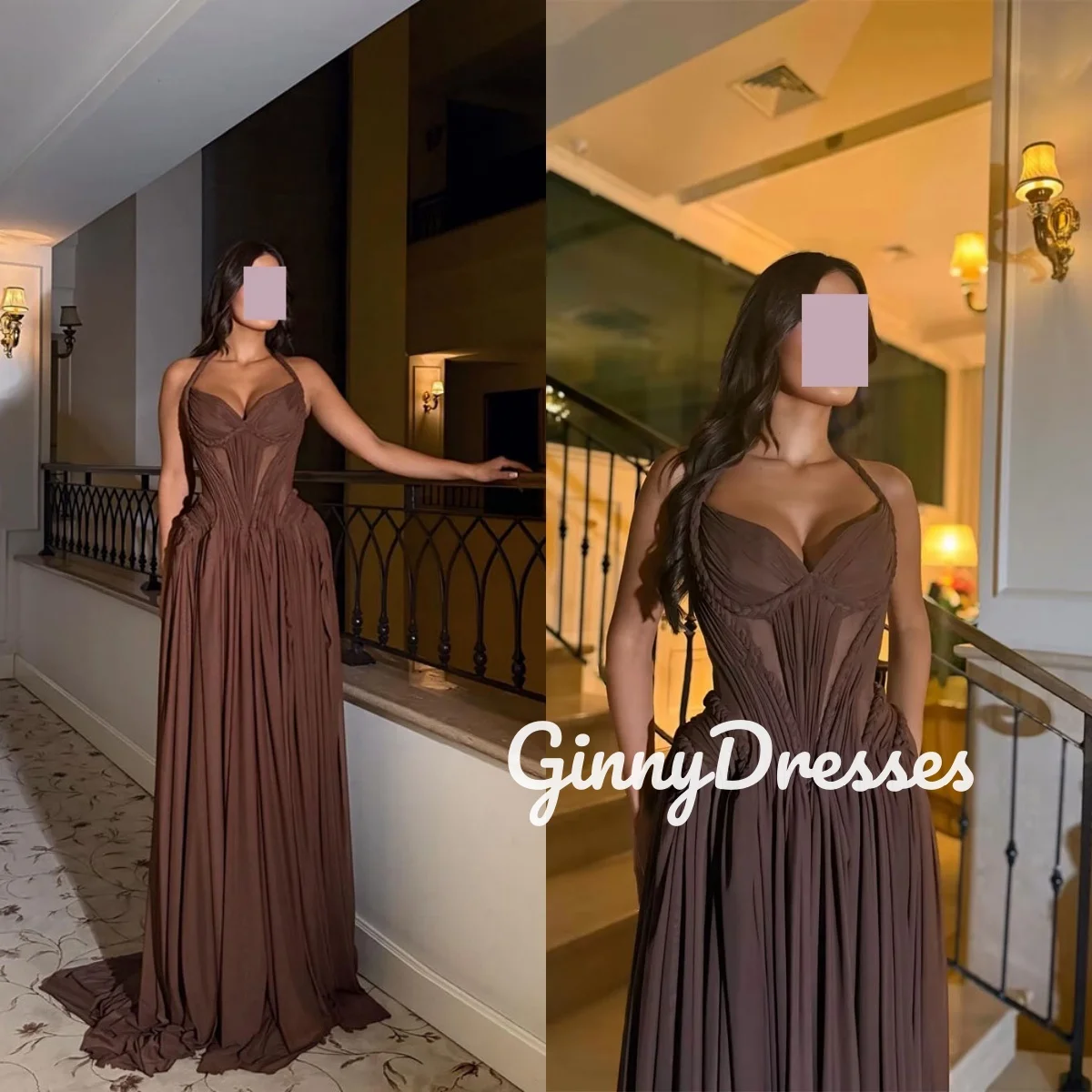 

Dubai Luxury Evening Dress Customize A-Line Halter Dresses For Prom Ruffle Sleeveless Floor-Length Formal Occasion Dresses