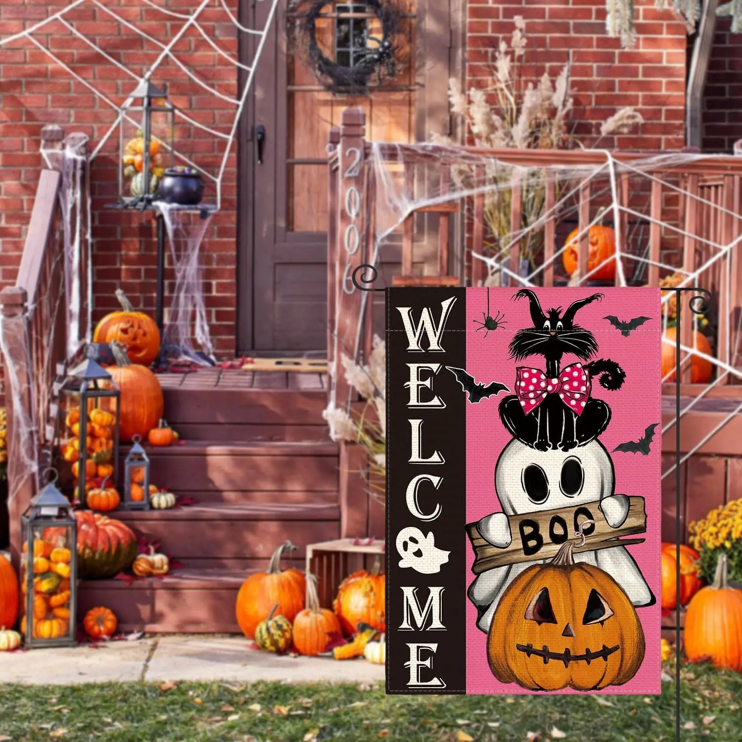 AVOIN colorlife Pink Halloween Ghost Cat Boo Garden Flag 12x18 Inch Double Sided Outside, Welcome Holiday Yard Outdoor Decorativ