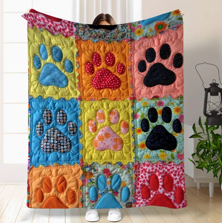 Plush Quilted Flannel All-Season Bedspread  Soft Multicolor Dog Paw Print Blanket with Blue, Green, Red, Pink  Cozy Couch Throw