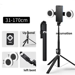 1.7m Extendable live Tripod Selfie Stick Support LED Ring Dual light mirror Stand 4 in 1 Phone Mount for iPhone X 8 11 Android