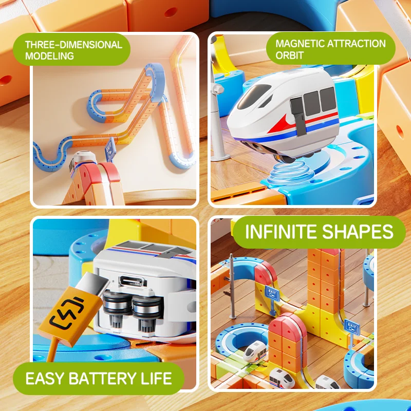 Crianças diy montagem magnética ferroviário carro brinquedos trem mágico elétrico pista crianças 3d bloco de construção cubo modelo brinquedo com sinais de trânsito