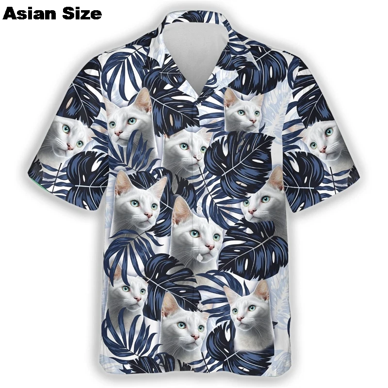 Hawaii Men's Shirt 2025 Cute Cartoon Cat 3D Printed Tops Casual Women Short Sleeves Shirts Button Lapel Unisex Clothing Blouses