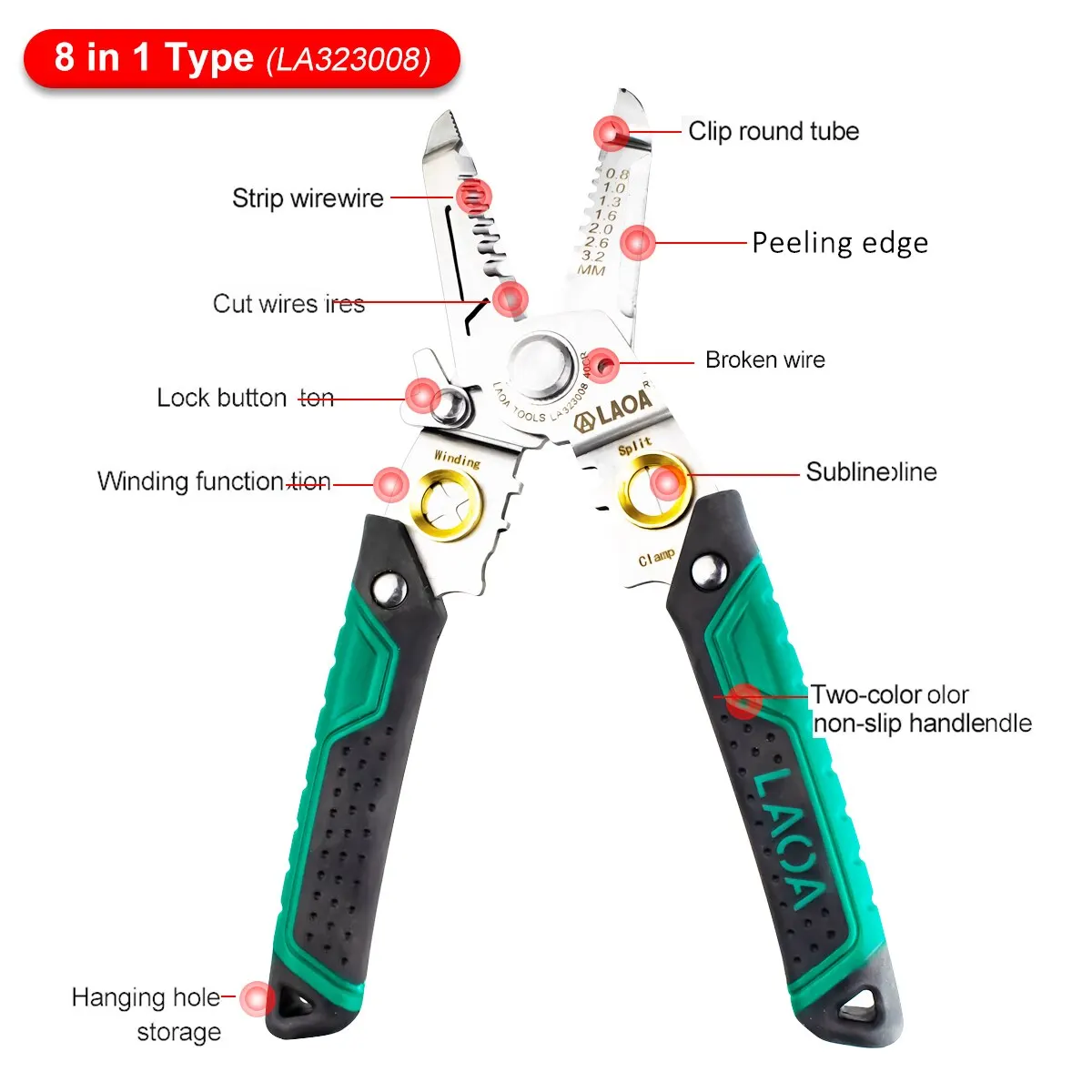 LAOA Wire Stripper Cable Cutter Crimping Pliers Clamper Splitting Winding Peeling Edge Stainless Steel Electrician Tool