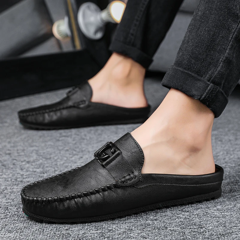 Leather Mules Sandals Men Casual Shoes Summer Man Slides Slip-On Backless Loafers Slippers Half Shoe For Men Mule Masculino