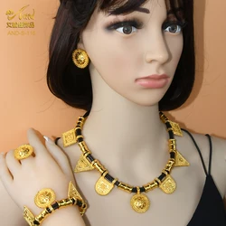 Female African Coin Jewelry Sets Nigerian Luxury Party Gift Dubai Gold Color Necklace Earrings Bracelet Ring Wedding Jewellery