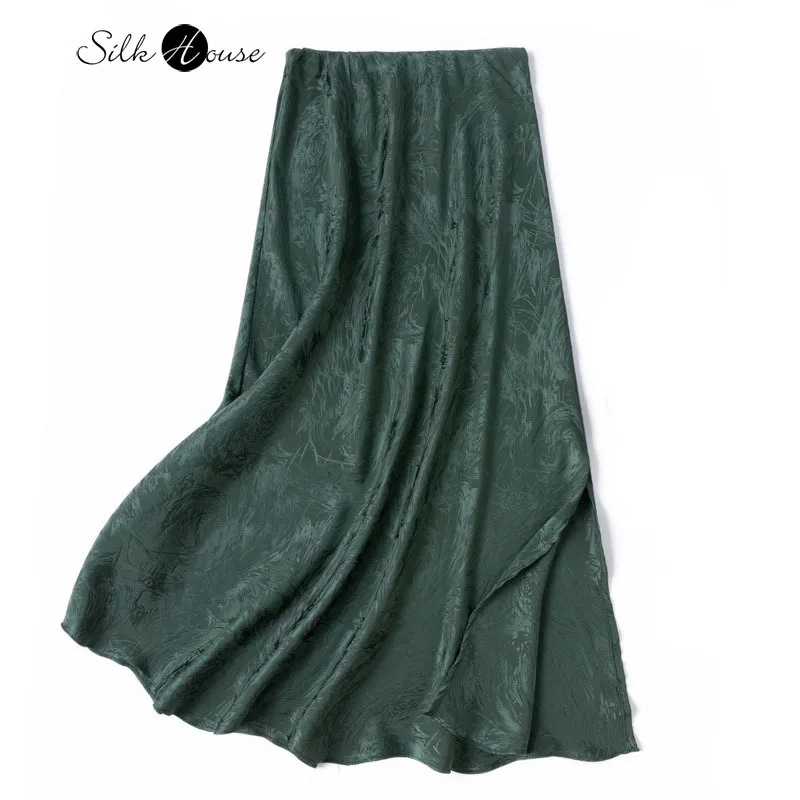

2025 Women's Summer New "Green Dream" Slant Cut 93% Natural Mulberry Silk Elastic Jacquard Satin Elegant Split Hip Wrap Skirt