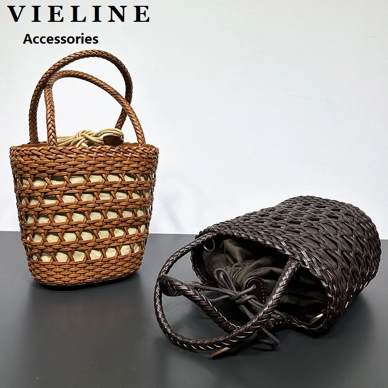 VIELINE New Women\'s French Woven Bucket bag Niche Design Genuine Leather Commuting Handbag Crossbody Bag