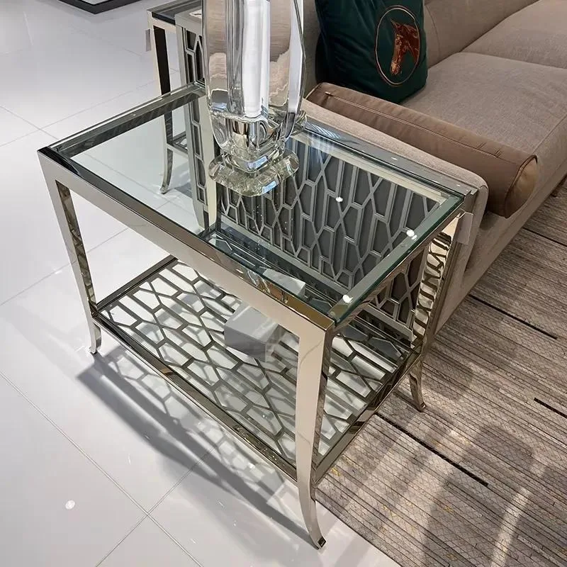Modern luxury European and American style side table stainless steel frame with tempered glass top for living room