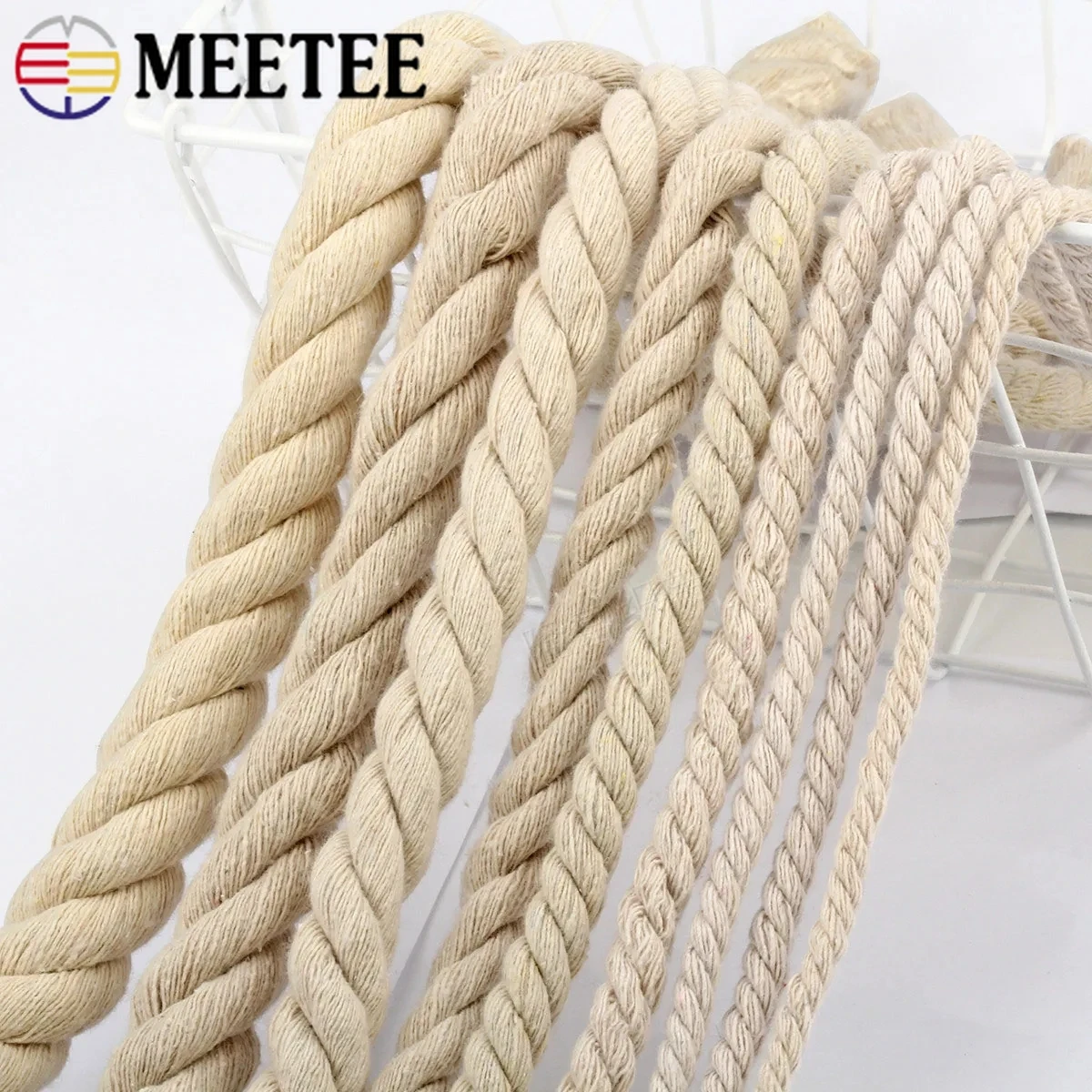 5M 6/810/12/15mm 3 Shares Twisted 100% Cotton Twist Rope Natural Cottons Cord for Bag Home Decor DIY Textile Accessories