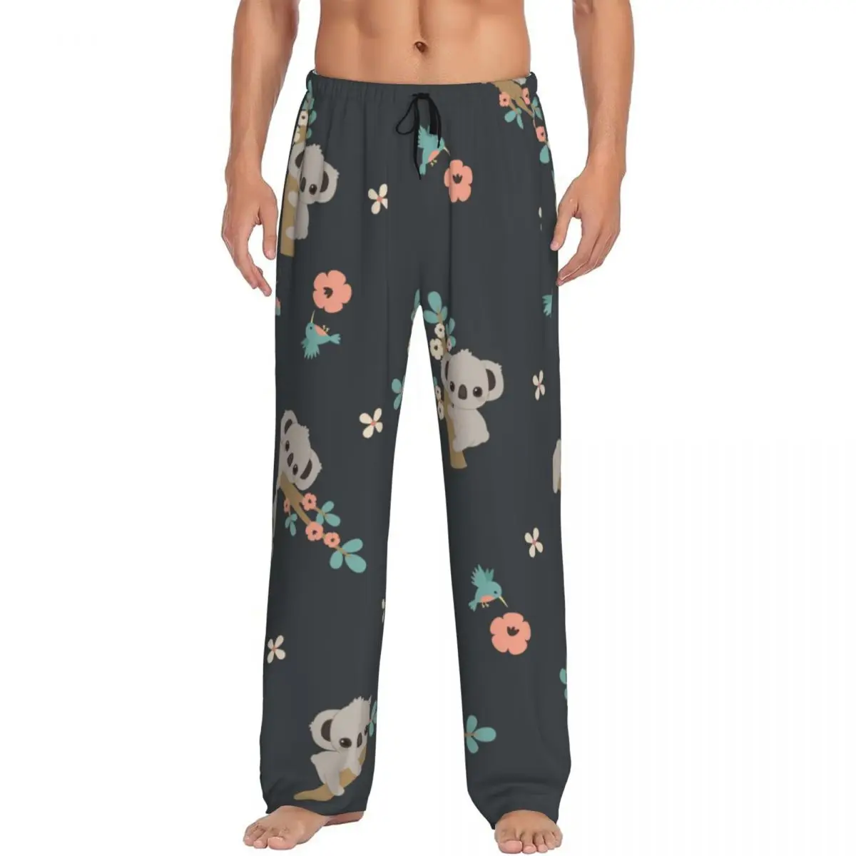 Pantalon de pyjama floral Koala de dessin animé mignon pour hommes, vêtements de nuit, ceinture élastique, bas de salon de sommeil avec poches