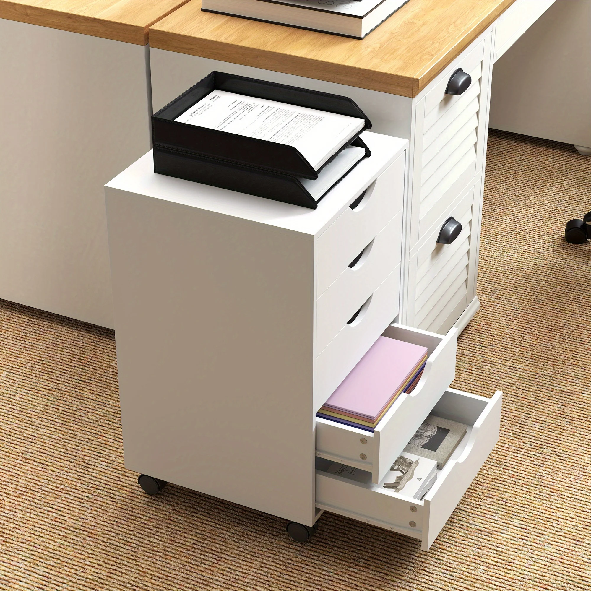 5-Drawer Rolling File Cabinet with Lockable Drawers and Casters—Modern White Wood and MDF Storage Organizer, 27 Inches Tall