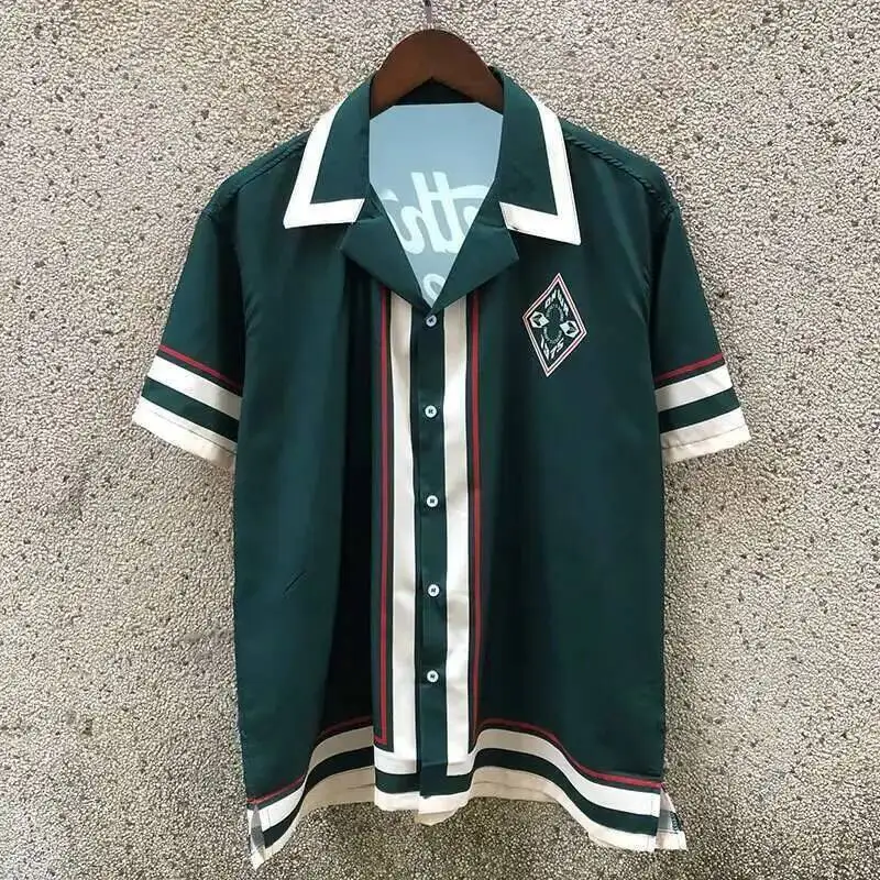 

Contrasting Color Retroletter Print Shirt Short Sleeve Casual Men GreenShirt Streetwear Camisa Masculina Shirt Moda Hombre