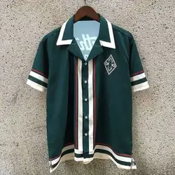 Contrasting Color Retroletter Print Shirt Short Sleeve Casual Men GreenShirt Streetwear Camisa Masculina Shirt Moda Hombre