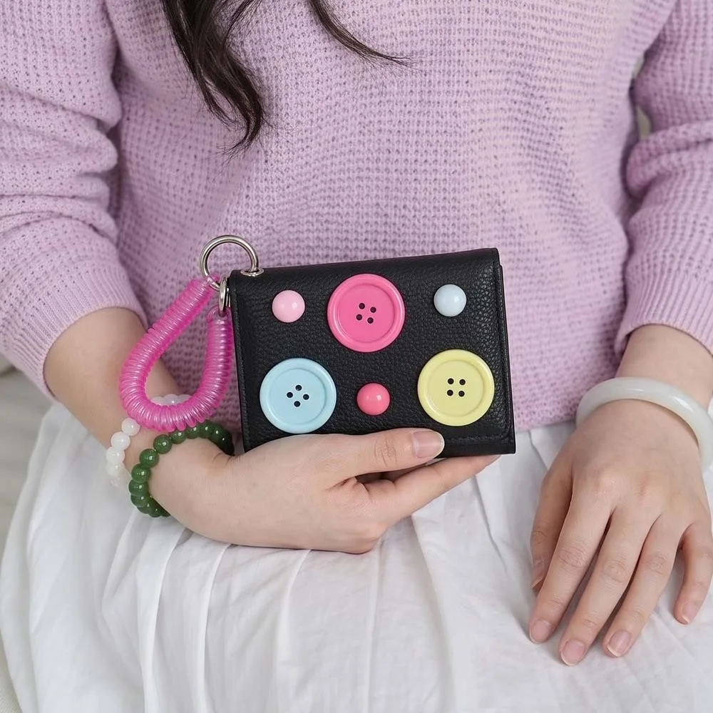 Large Capacity Dopamine Color Wallet Macaron Shade Spiral Strap Button Mini Purse Anti Lost Snap Closure Tri-fold Card Holder