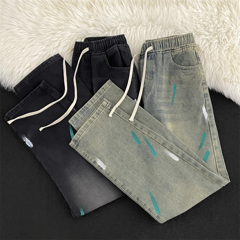 

Джинсы с американским крашением в стиле ретро, мужские весенне-осенние свободные прямые брюки с завязками, винтажные модные брендовые водные брюки Wa