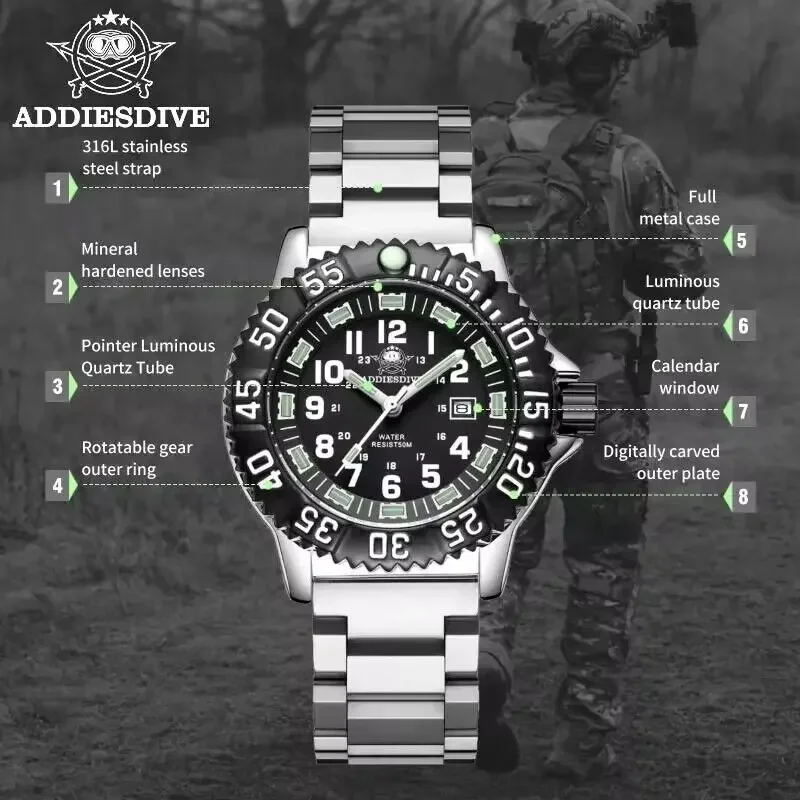 ADDIESDIVE Men\'s Tubular Luminous Quartz Watches Stainless Steel Black Dial Alloy Case Watches 50m Waterproof Dive Wristwatches