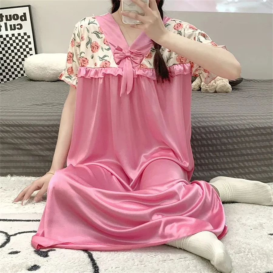 Lace Loose Soft Home Short Sleeve Summer Korean Style NightDress Women Print Kawaii Ethnic style Ins Elegant Casual Sleepwear