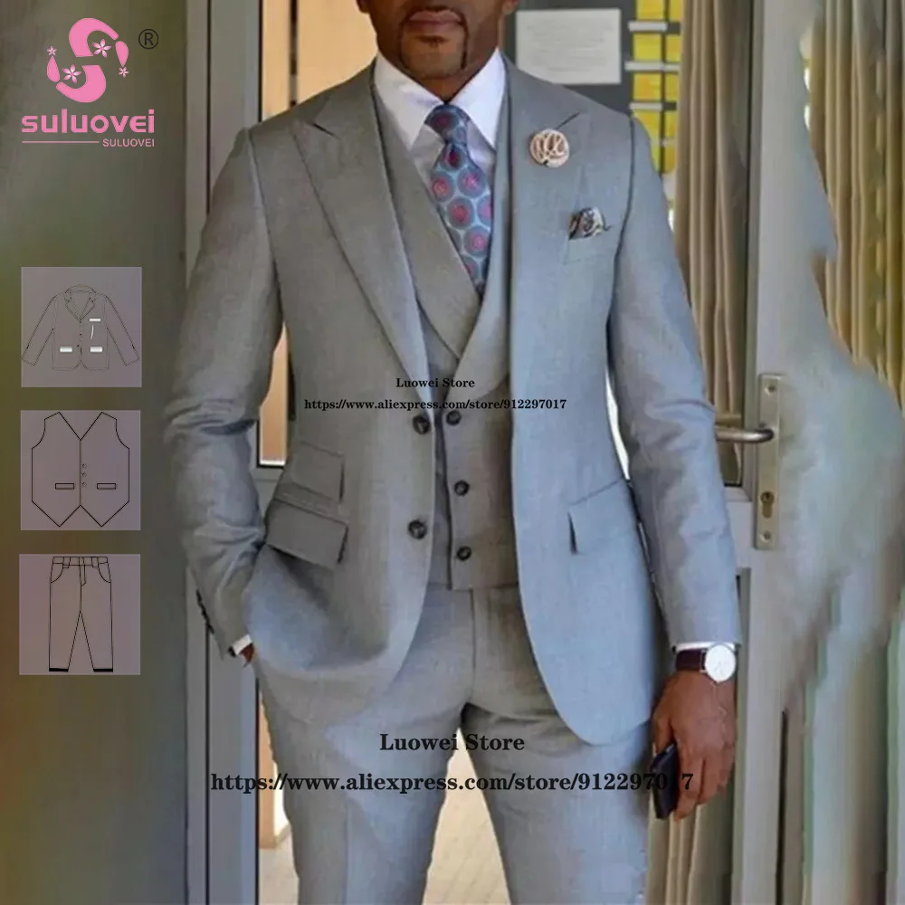 

Classic Grey Slim Fit Suits For Men 3 Piece Pants Set African Grooms Wedding Peaked Lapel Tuxedos Male Business Blazer Masculino