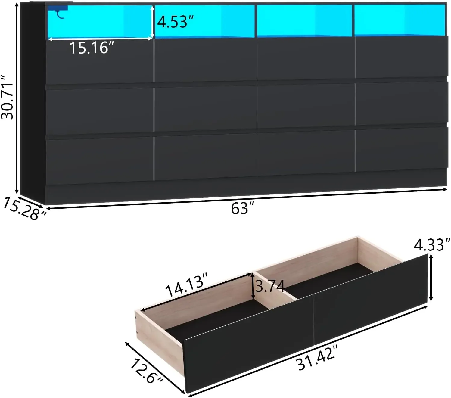 خزانة سوداء مكونة من 12 درجًا مع محطة شحن، حامل تلفزيون واسع رباعي البوصة بطول 63 بوصة، منظم خزائن كبير لغرفة المعيشة #2