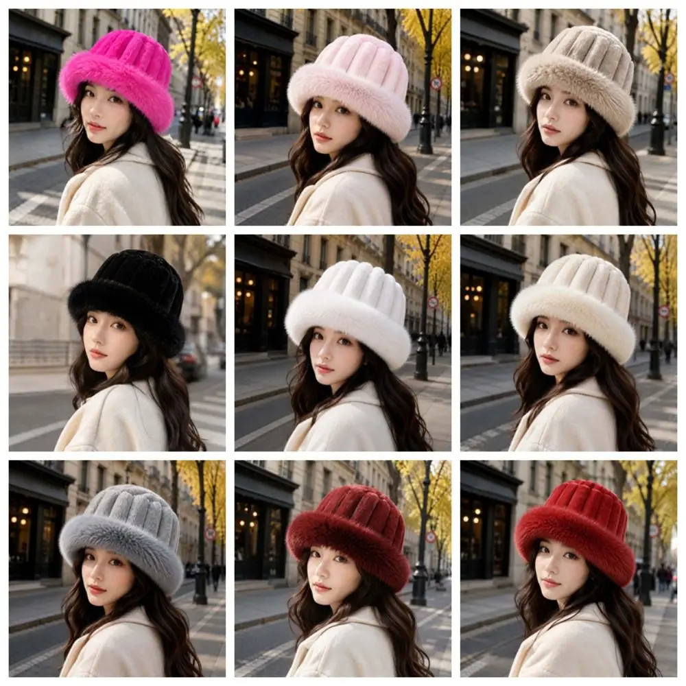 Vertical Texture Striped Fur Hat Faux Fur Brim Fleece Lining Puffy Bucket Cap Soft Windproof Fluffy Winter Bonnet Women
