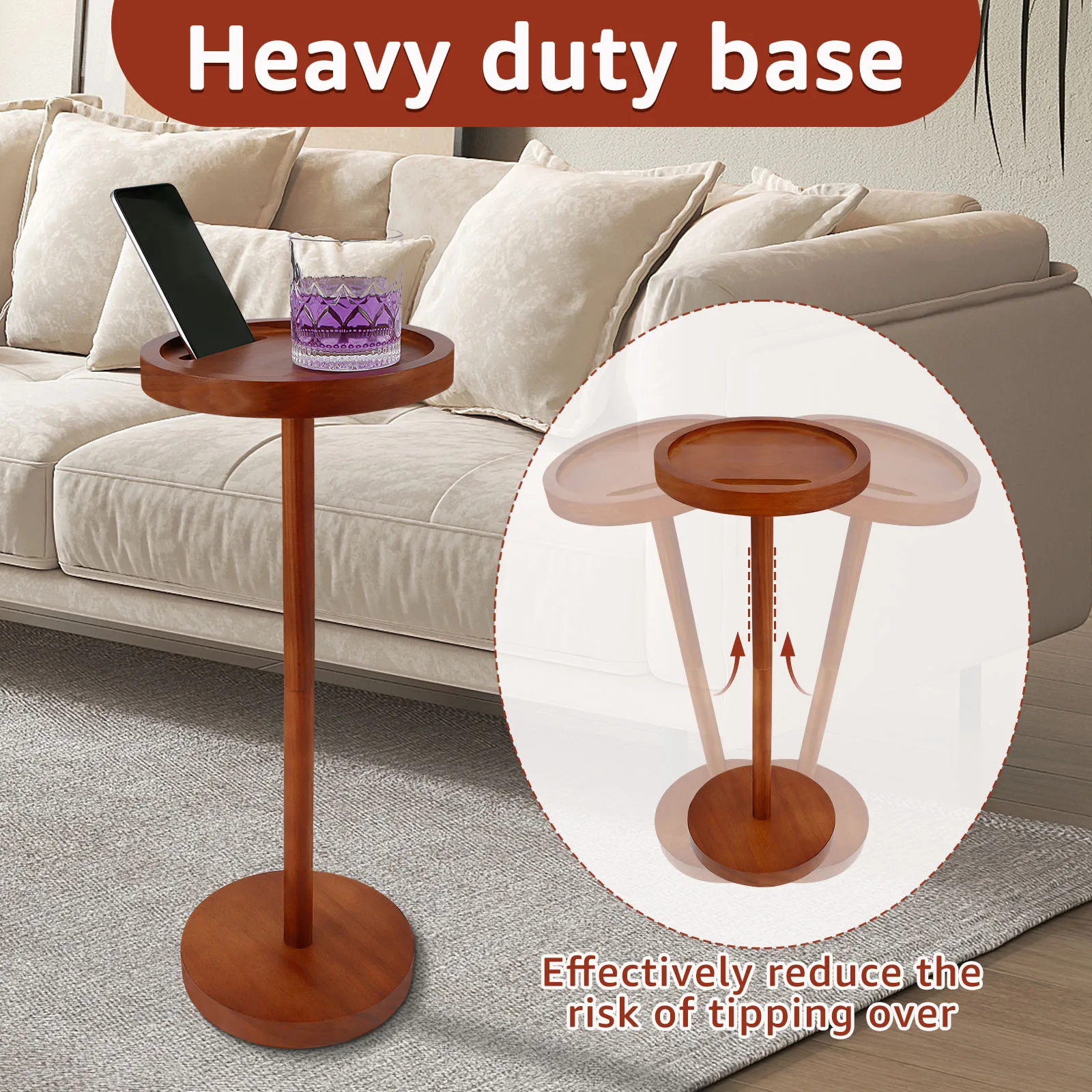 Round Wooden Side Table High 55cm Drink Table with Phone Holder Nightstand Side Table, Storage Desk, Coffee Table for Bedroom image 2