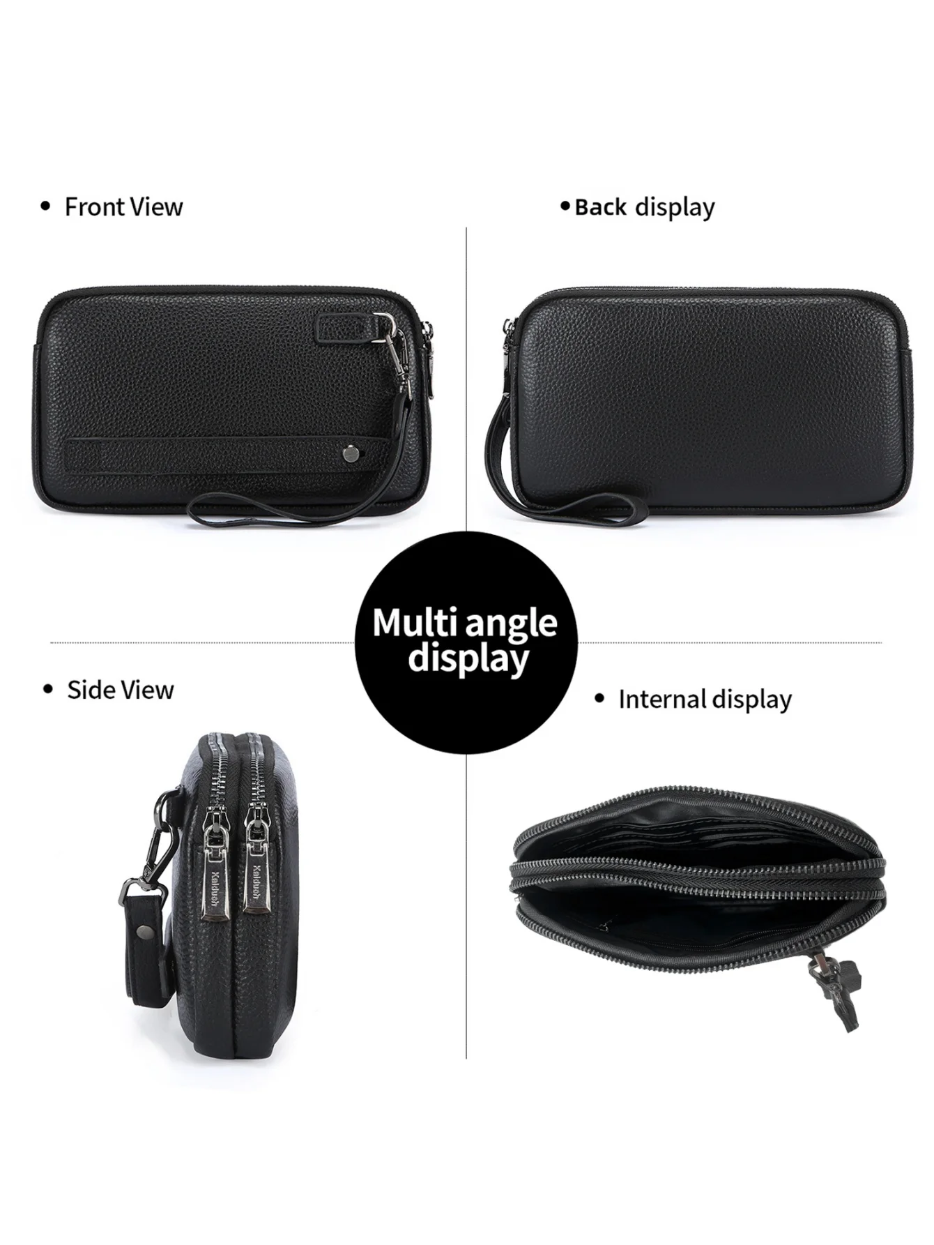 Herren-Clutch-Geldbörse aus echtem Leder, Handtasche mit doppeltem Reißverschluss, großem Fassungsvermögen und 6 Kartenfächern, tragbare Business-Handtasche – Detail 3
