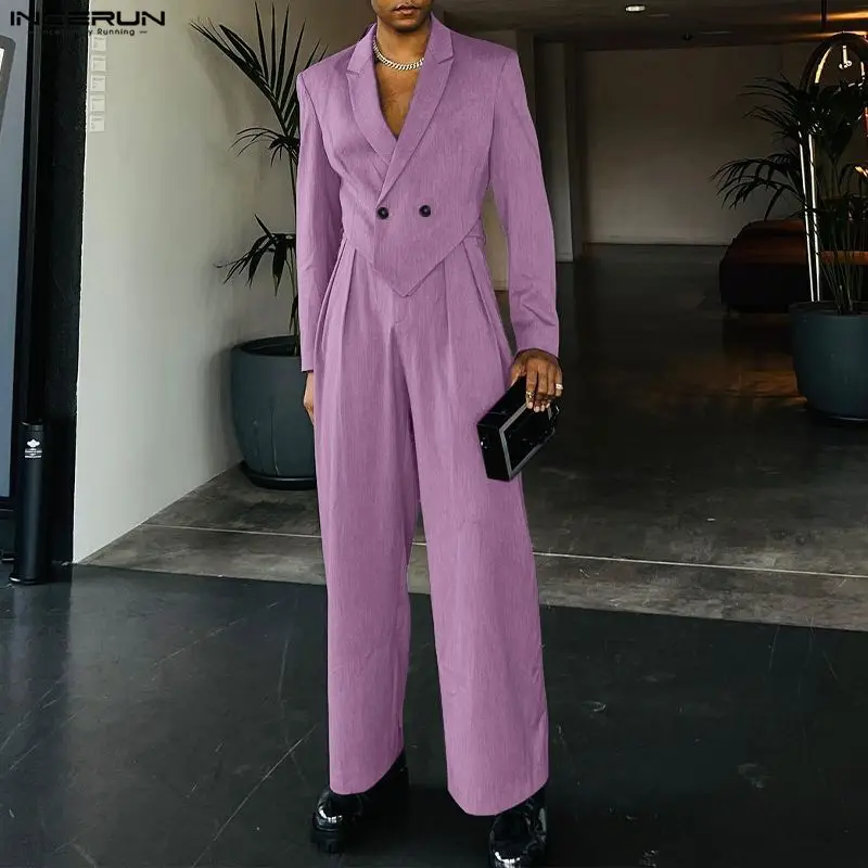 

INCERUN Men Sets Solid Color Lapel Long Sleeve Irregular Crop Blazer & Pants Two Pieces Sets Streetwear Fashion Casual Men Suits