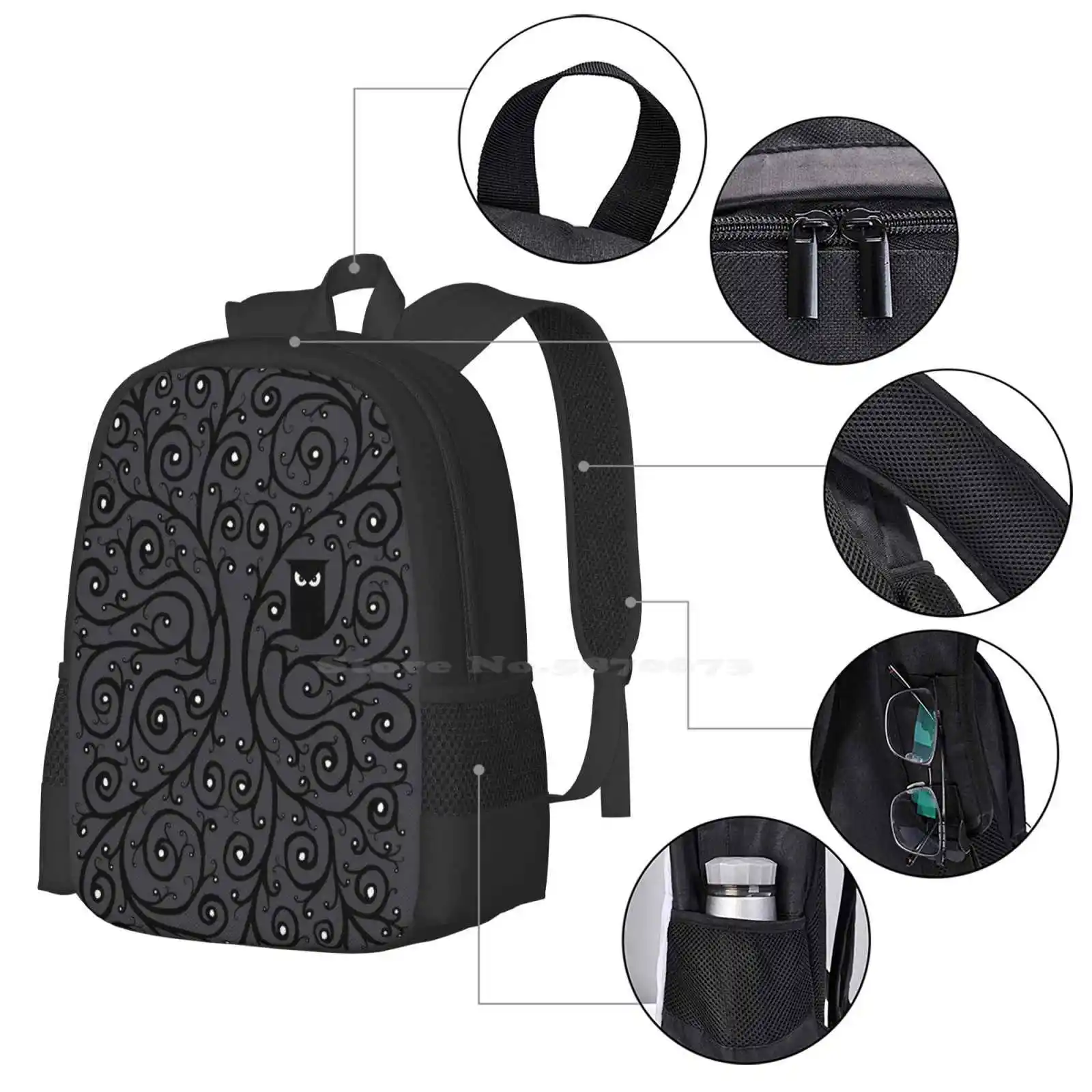 Mochila de búho para estudiantes, bolsa de viaje para ordenador portátil, búho, observación de animales, oscuridad, noche, árbol, ramas, patrón de Adorno