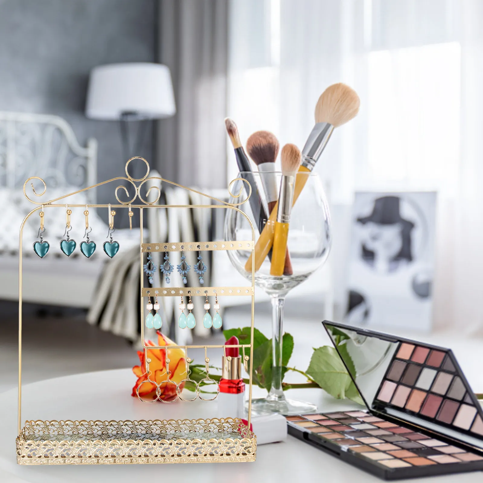 

Золотистая железная подставка-органайзер для ювелирных украшений: настольная и настенная витрина для серег, пусет, колец, ожерелий и браслетов