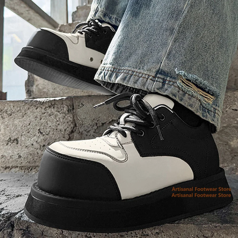 8Cm Height-Increasing Sneakers for Men Big Round Toe Derby Shoes Matte Leather Thick Soled Casual Shoes Trendy Low-Top Shoes