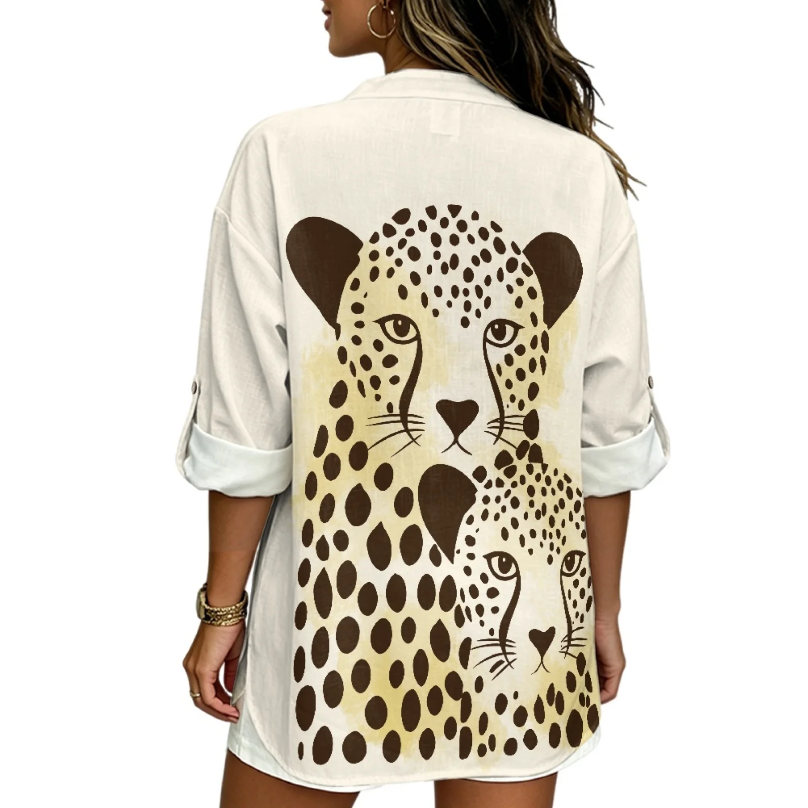 PENSTROLL Blusas Casuales Estilo Lino con Estampado de Leopardo, Mangas con Puños Enrollados, Corte Holgado para Vacaciones, Tallas S-5XL
