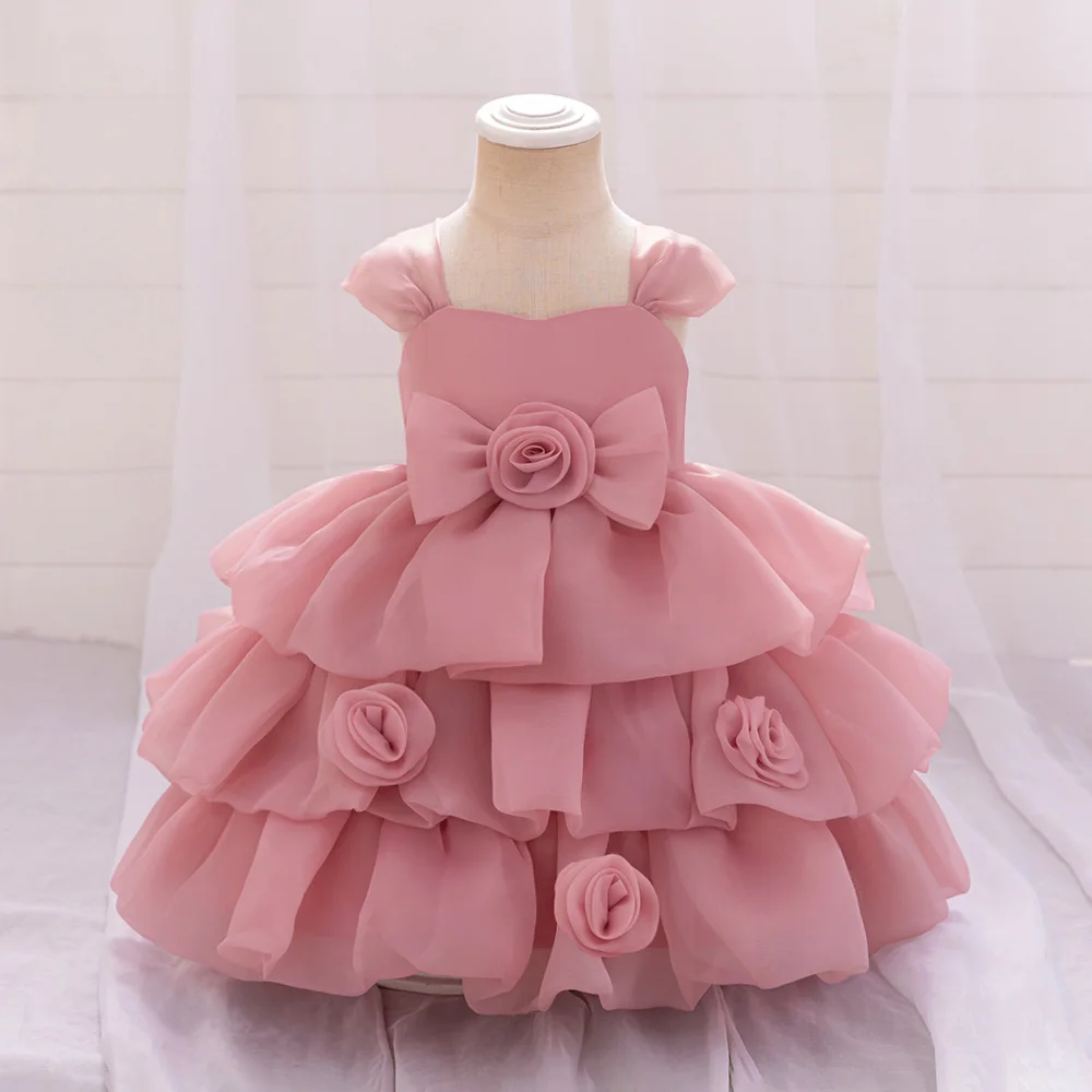 Flower Baby Girls Dresses For Wedding Kids Roses 1st Birthday Baptism Puffy Gown Children Party Toddler Ceremony Luxury Clothes