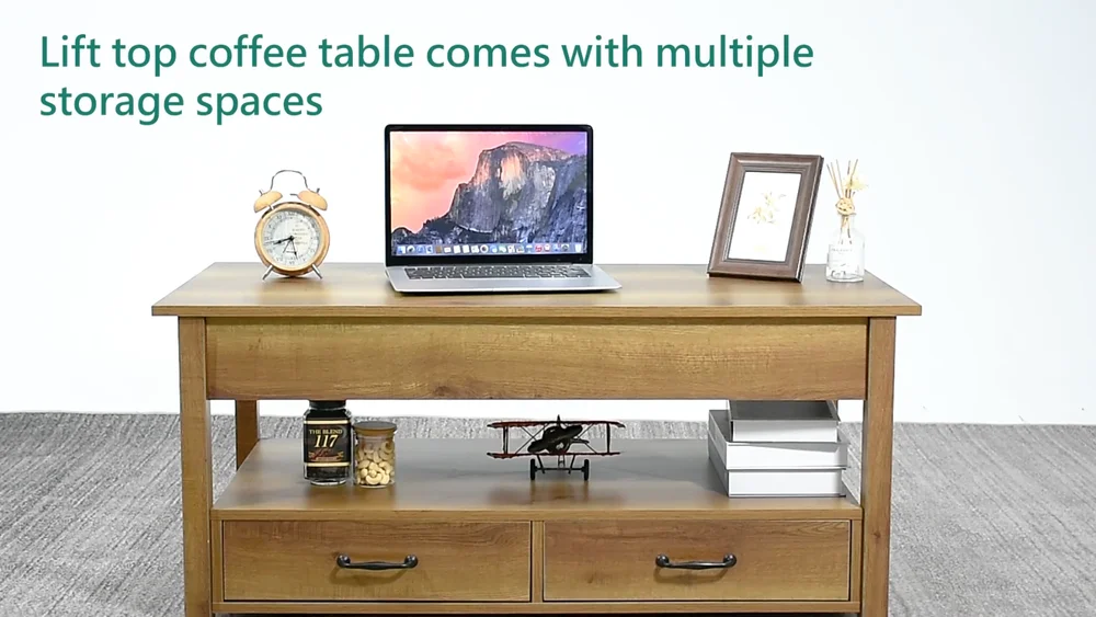 2 Drawer Lift Top Coffee Table Wooden with Hidden Compartment & Storage Shelves