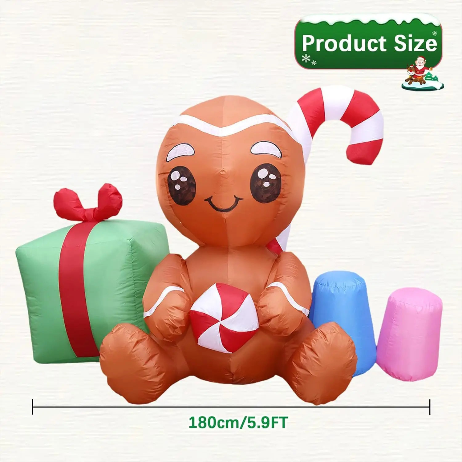 6FT L Christmas Inflatables Gingerbread Outdoor Decorations with LED Lights | Blow Up Gingerbread with Gift Box & Candy Christma