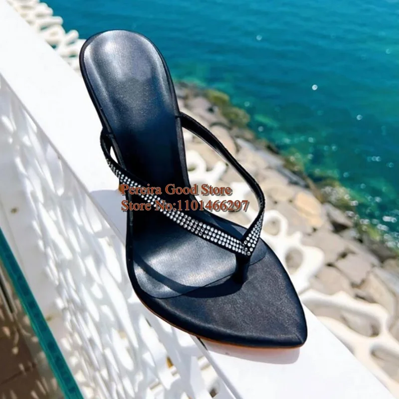 Sexy Crystal Clip Toe Slippers Pointed Toe Patchwork Black Leather Stiletto High Heels Summer Shoes Solid Women Mules Shoes