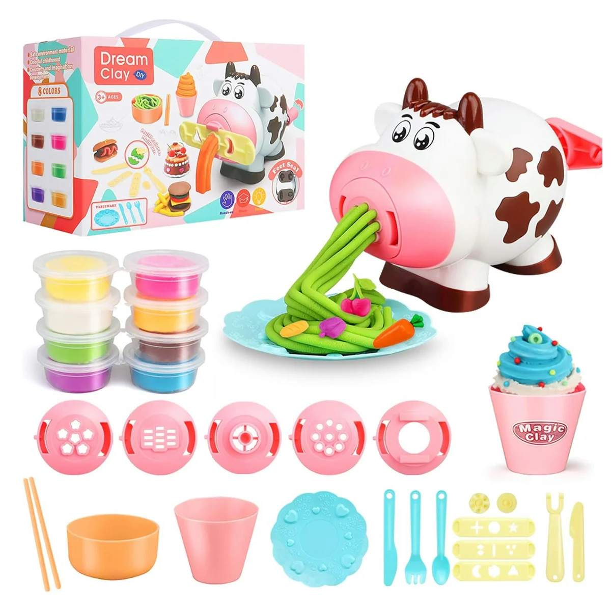 28Pcs Kitchen Creations Noodle Playset and Ice Cream Maker Machine Dough for Kids,Play Kit for Birthday Holiday Craft Gift