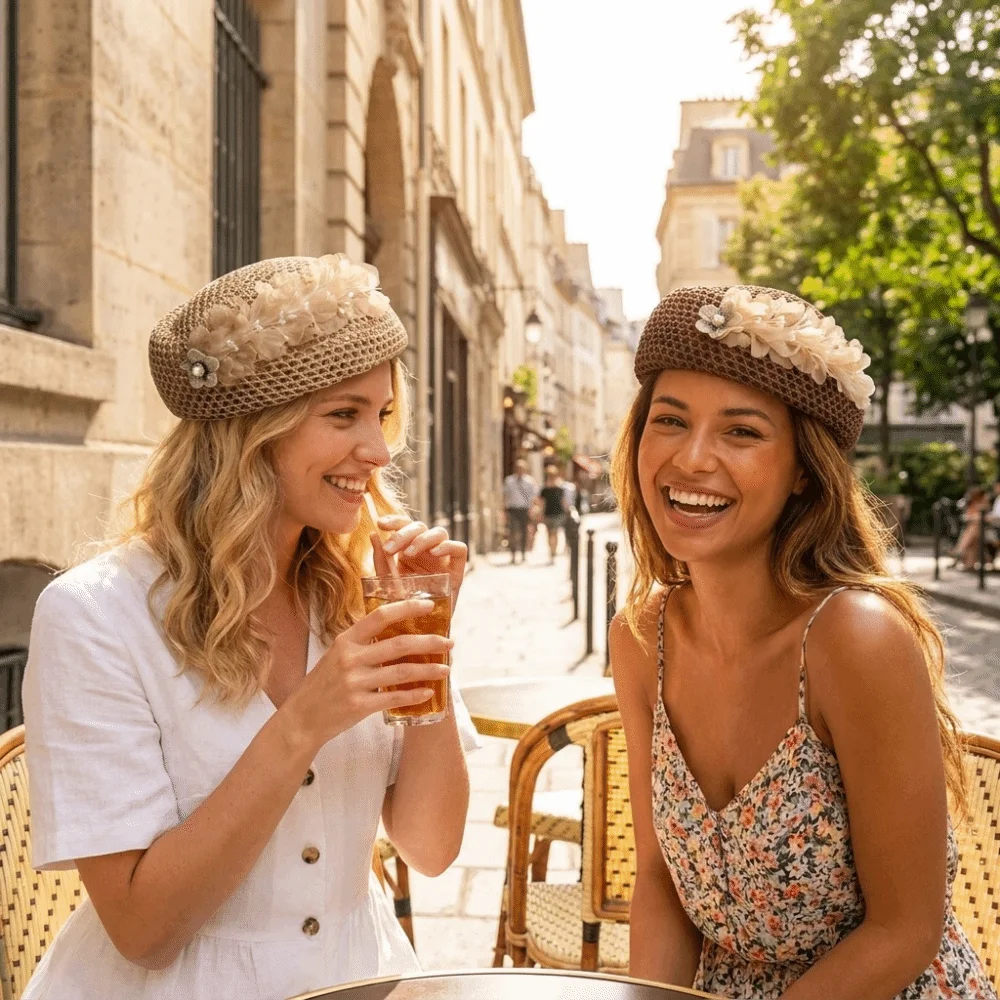 Versatile French Hollow Out Beret Ethnic Korean Floral Painter hat All-match Polyester Women Knit Fabric Cap Women