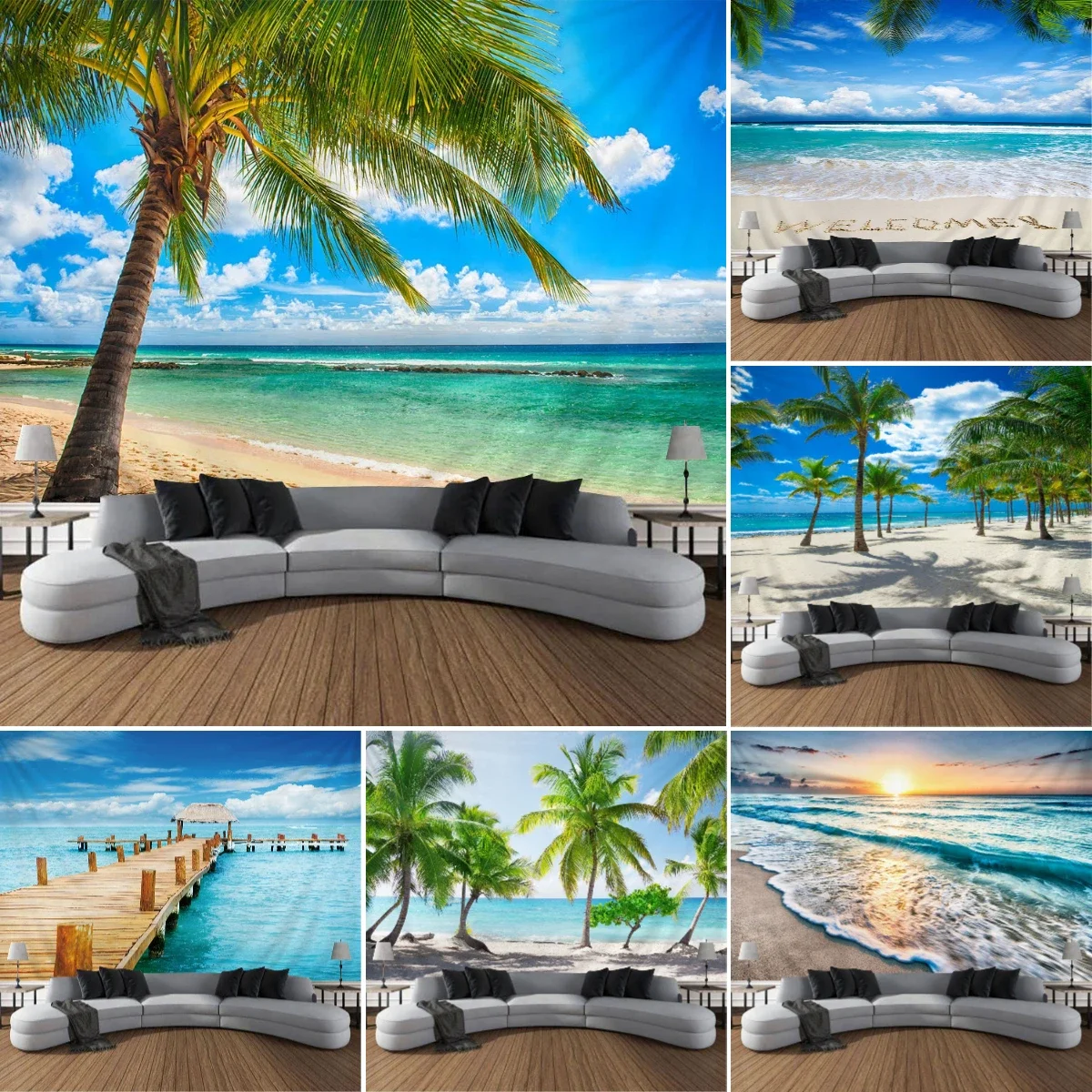 Seaside Outdoor Landscape Tapestry Blue Sky Beach Coconut Tree Tropical Nature Landscape Bedroom Wall Hanging Living Room Mural