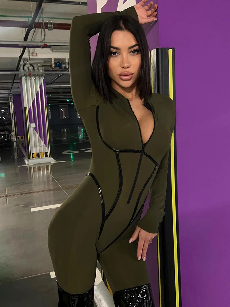 Articat Sexy Zipper Women Jumpsuit Long Sleeve Bandage Tights Solid Jumpsuits Female Party Bodycon Stretch Sporty & Leisure