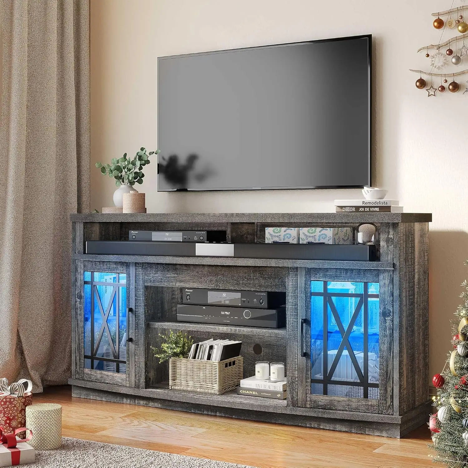 

59in TV Stand Modern Entertainment Center, 32'' Tall LED Media Console Table, TV Cabinet w/ Adjustable Shelves & Glass Doors