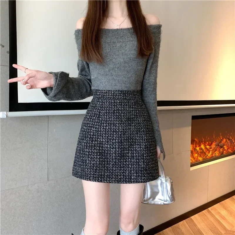 Rok wanita pinggang tinggi, rok dasar gaya Korea, warna Solid, ritsleting garis-a, Rok kantor, pelangsing, Rok Wanita Harian, L608