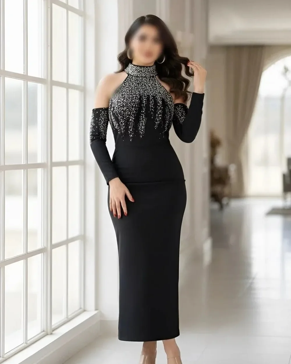 Customized Fashion Elegant Jersey Sequined Beading Straight High Collar Ankle Length Dresses Bespoke Occasion Dresses Matching