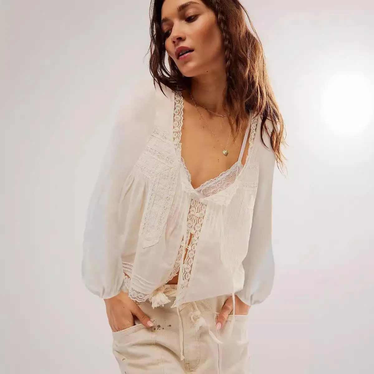 

Unique Top Lace Collar irt Elastic Sves Cotton Bubble Sve Women's Regular Thin Long Sve irt Commute Sle