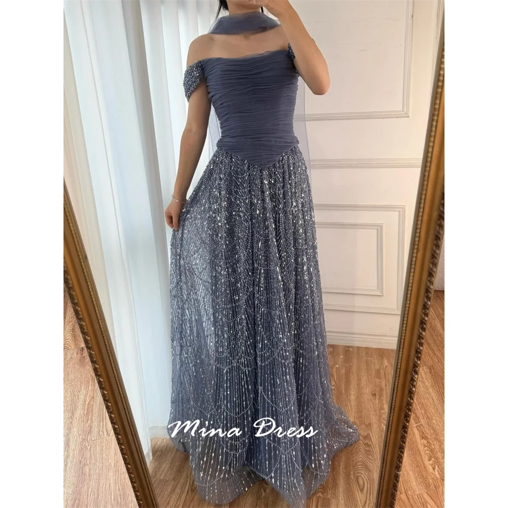 

Mina Customized One-Shoulder Arabic Evening Dress Luxury Elegant Beads Prom Dresses Luxury Back-length Formal Occasion Dresses